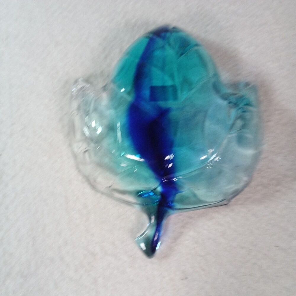 Studio Nova Cobalt Blue Green Maple Leaf Art Glass Dish Candy Trinket Holder - Picture 13 of 14